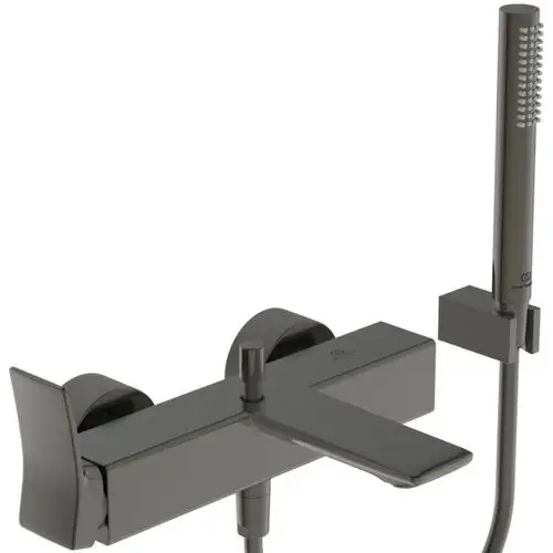 Badarmatur in Magnetic Grey von Ideal Standard mit zwei Drehgriffen, einem Wasserlauf und einem Handbrausekopf an einem Wandhalter.